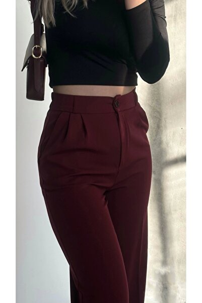 asfamoda Kadın Bordo Yüksek Bel Geniş Paça Palazzo Pantolon