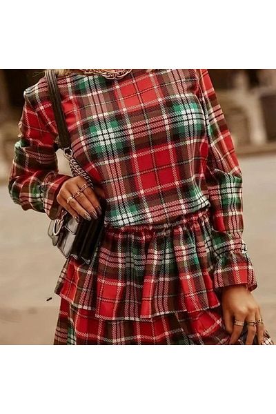 Gökyüzü Moda Women's Plaid Fabric Digital Printed Long Sleeve Mini Length Dress