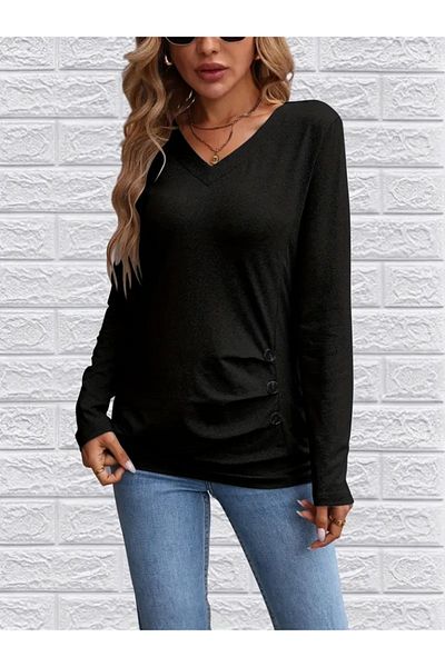 Kokosh moda Γυναικεία μάλλινη μπλούζα βισκόζης με μακρυμάνικη λαιμόκοψη με κουμπιά στο πλάι
