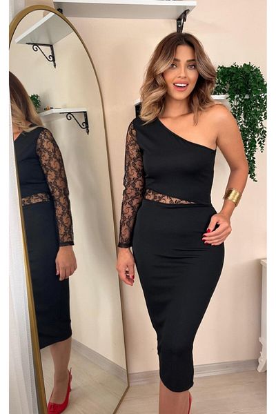 gelirr Women's Black Single Sleeve Lace Detail Crepe Dress