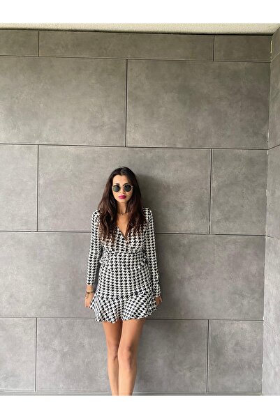 REKA MODA Women's Long Sleeve Double Breasted Collar Houndstooth Micro Mini Length Dress