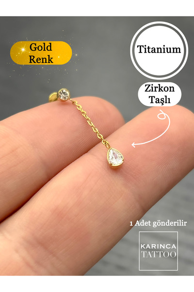 Karınca Piercing Sallantılı Zincir Damla Taşlı Titanyum Piercing Kulak Küpesi Earcuff Conch Flat Forward Helix Tragus