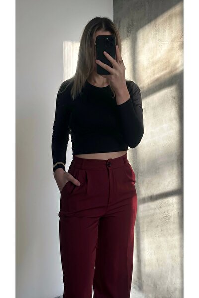 asfamoda Kadın Bordo Yüksek Bel Geniş Paça Palazzo Pantolon