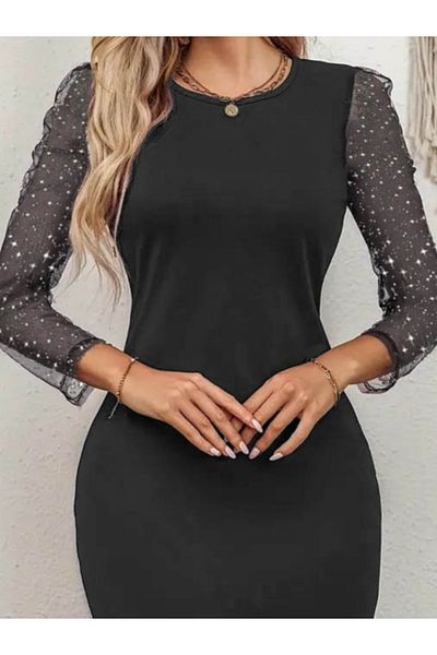 REKA MODA Women's Crew Neck Sleeve Tulle Detail Diver Mini Length Dress