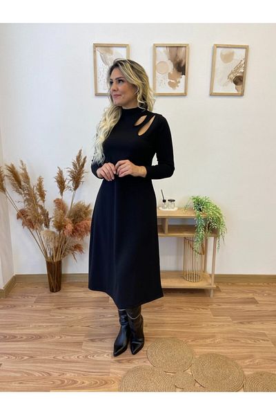 İpeksi Silky Women's Long Sleeve Turtleneck Crepe Midi Dress with Drop Detail on the Shoulder and Slit