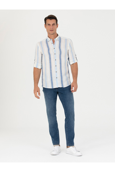 Cacharel Mavi Slim Fit %100 Keten Gömlek 50265480-VR036