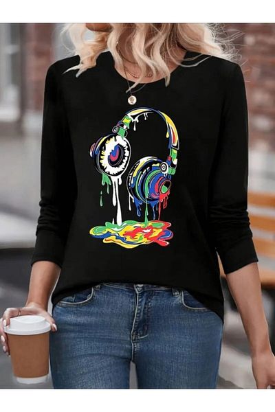 Bay Şapkacı Silky Women's Long Sleeve Crew Neck Printed Two Thread Blouse