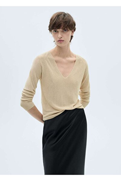 MANGO Woman Lureks kumaş V yaka kazak