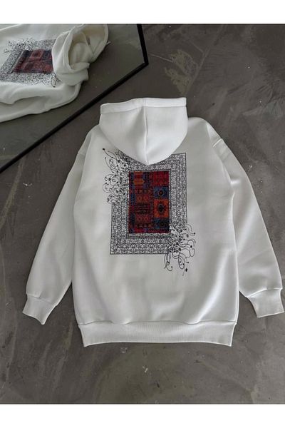 leyla sanat sanata yeni bir bakış açısı Leyla Sanat a New Perspective on Art Long Sleeve Hoodie Front and Back Printed Sweatshirt - White