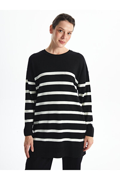 LC Waikiki Black Crew Neck Striped Long Sleeve Women's Knitwear Tunic