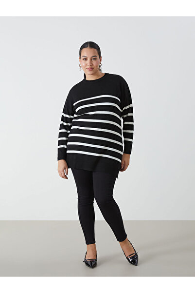 LC Waikiki Black Crew Neck Striped Long Sleeve Women's Knitwear Tunic