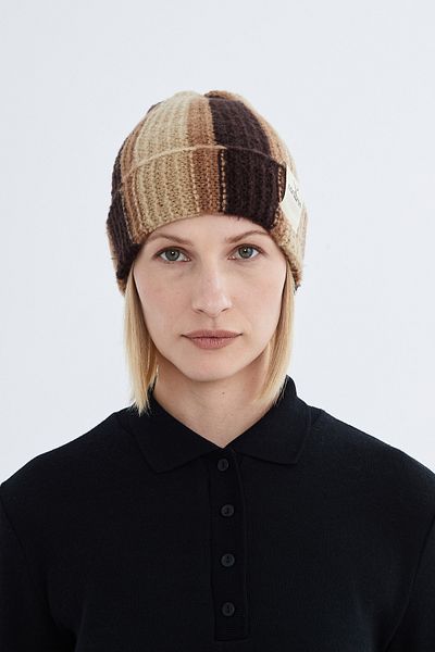Nordbron Brown Acrylic Winter Knitwear - Stretchy Soft Beanie Logo Color-Blocking Design