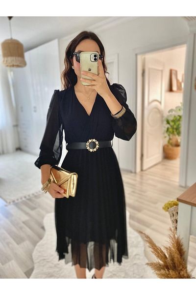 İpeksi Silky Women's Chiffon Fabric Flared Cut Double Breasted Collar Midi Length Dress