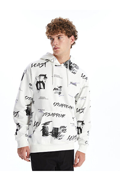 LC Waikiki Ανδρικό φούτερ με κουκούλα LCW Casual Ecru με μακριά μανίκια με τύπωμα