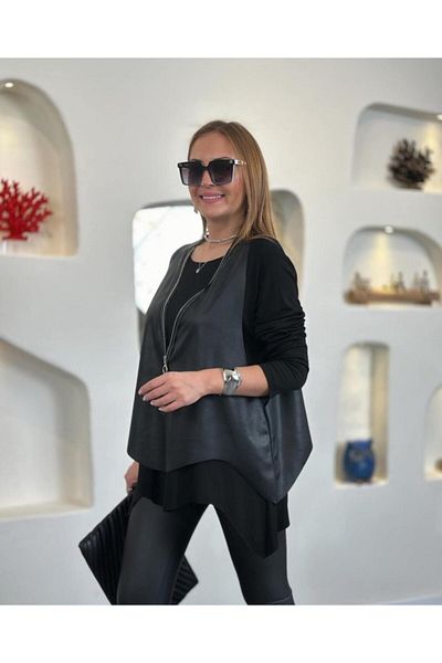 TUA MODA Tua Fashion Women's Long Sleeve Asymmetric Cut Viscose Blouse and Cracked Leather Look Zipper Detailed Vest I