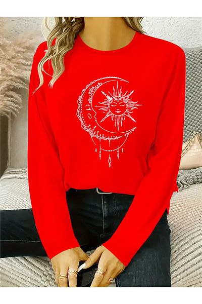 fh fashionhere Women's Long Sleeve Crew Neck Moon Printed Viscose Blouse