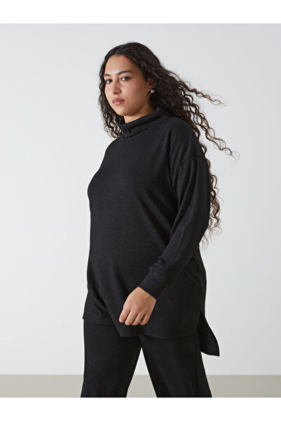 LC Waikiki Black Mock Neck Patterned Oversized Women's Tunic