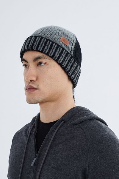 Nordbron Men's Black Soft Acrylic Print Beanie Stretchy Double Fold Winter Logo Basic Knitwear Emey