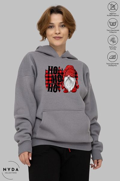 Nyda Collections Πρωτοχρονιάτικο χριστουγεννιάτικο Hohoho printed Unisex φούτερ με κουκούλα oversize