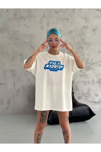 Viyamo Λευκό μπλουζάκι Unisex Oversize με στάμπα με λαιμόκοψη