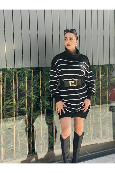 İpeksi Silky Women's Long Sleeve Degaje Collar Striped Sonya Yarn Mini Size Knitwear Dress (Without Belt)