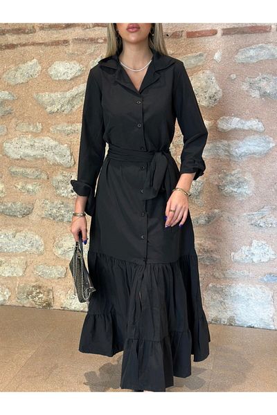 Modayakamoz Noul sezon pentru femei, cu mâneci lungi, cu volane, cu centură, rochie cămașă de lungime întreagă