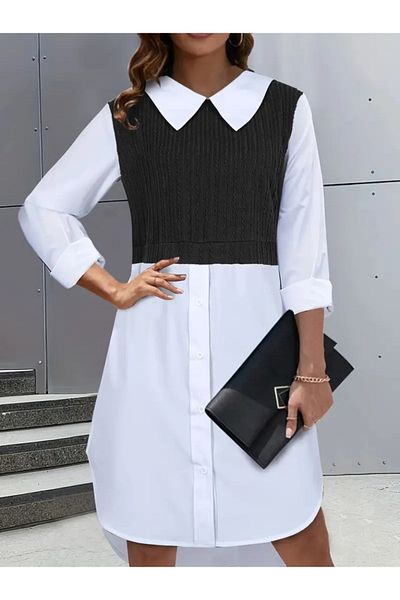 İpeksi Silky Women's Long Sleeve Shirt Collar Double Color Tricot Dress