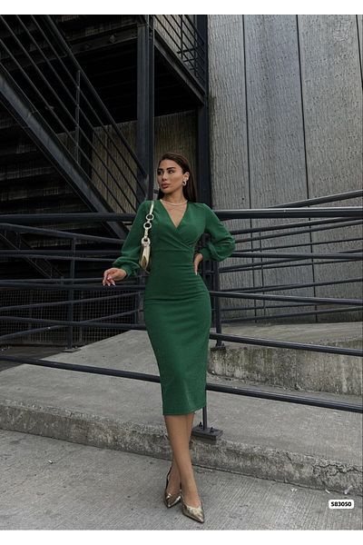 İpeksi Silky Women's Double Breasted Collar Balloon Sleeve Glitter Crepe Fabric Midi Length Dress