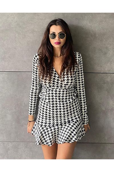 MODA VIBE UNICOO Rochie de damă cu mânecă lungă, cu guler dublu, micro mini-lungime
