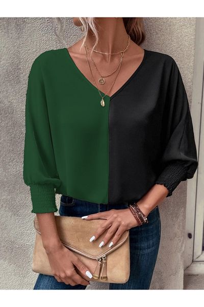 İpeksi Silky Women's Long Sleeve V Neck Sleeve Mouth Gipeli Sandy Blouse