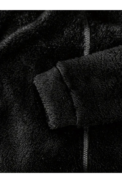 Modayakamoz Kadın Uzun Kollu Kapişon Ve Fermuar Detaylı Peluş Şort Tulum