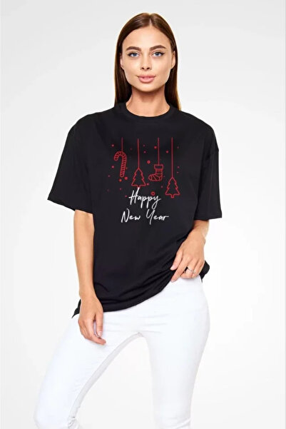 Kokosh moda Unisex majica sa širokim izrezom i printom - crna