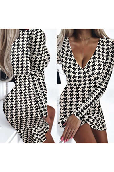 REKA MODA Women's Long Sleeve Double Breasted Collar Houndstooth Micro Mini Length Dress
