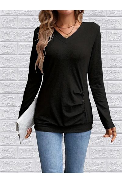 Kokosh moda Γυναικεία μάλλινη μπλούζα βισκόζης με μακρυμάνικη λαιμόκοψη με κουμπιά στο πλάι