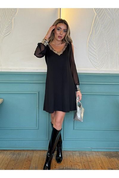 İpeksi Silky Women's Black Long Sleeves Tulle Short Crepe Dress with Slit V-Neck