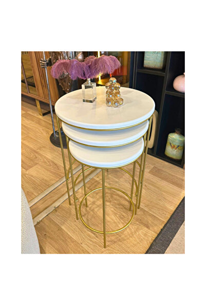 Yulu Barb Beyaz Gold 3'lü Zigon Sehpa