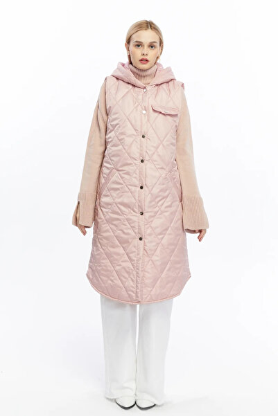 MODANIN YERİ Kadın Uzun Çıt Çıt Kapama Kapüşonlu Kapitone Şişme Yelek