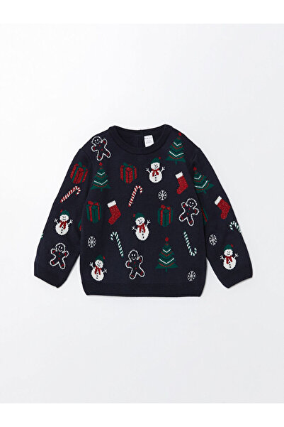LC Waikiki Navy Blue Crew Neck Christmas Themed Girl's Knitwear Sweater