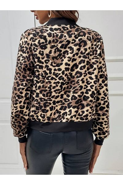 neoduno Women's Long Sleeve Front Zipper Leopard Printed Raised Diver Jacket