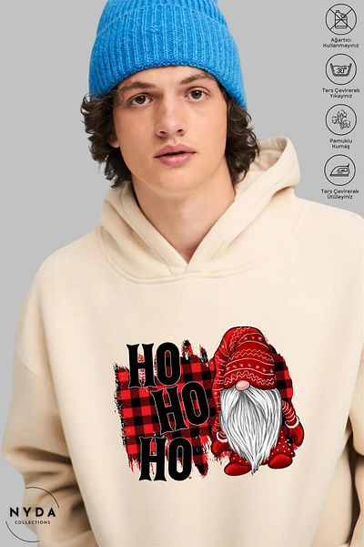 Nyda Collections Πρωτοχρονιάτικο χριστουγεννιάτικο Hohoho printed Unisex φούτερ με κουκούλα oversize