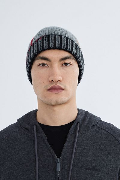 Nordbron Men's Black Soft Acrylic Print Beanie Stretchy Double Fold Winter Logo Basic Knitwear Emey
