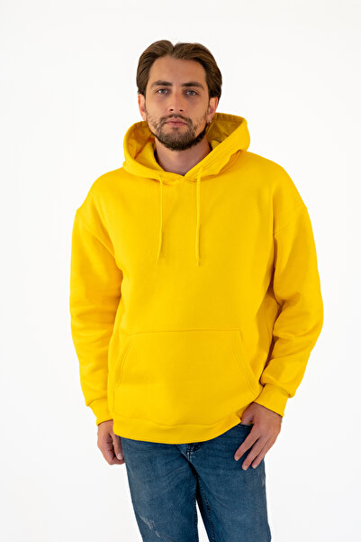 TEVOOY UNISEX OVERSİZE KAPŞONLU KANGURU CEPLİ  SWEATSHİRT SARI