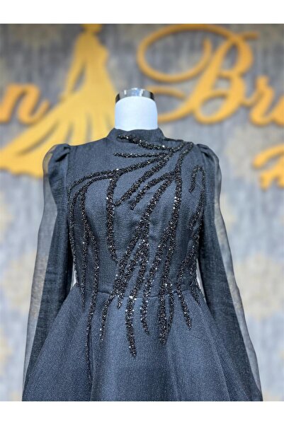 MODA Siyah Midi Boy Taş Detaylı Tül Tesettür Abiye Nişanlık