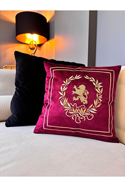 ref crea Husă de pernă brodată cu simbolul Leului Regal în culoare burgundă -...