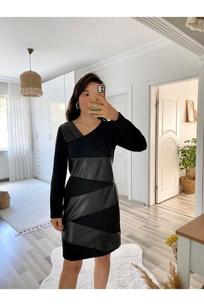 Almina tasarım Women's Long Sleeve Asymmetrical Lapel Suede And Leather Mini Size Dress
