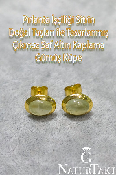 Naturtakı Oval Sitrin Doğal Taşlı Gümüş Kibar Kadın Küpe Modeli-Çıkmaz Saf Altın Kaplama-Pırlanta İşçiliği Taş
