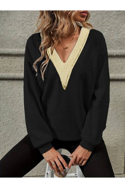 İpeksi Silky Women's Long Sleeve V Lace Collar No Shardon Three Thread Blouse