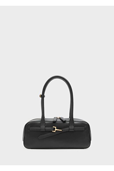 MANGO Woman 100% kožená bowlingová taška s přezkou