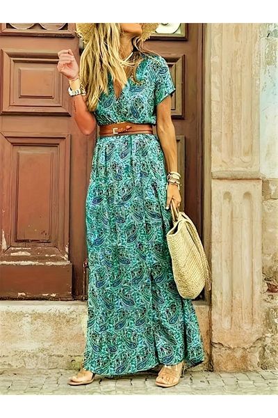 İpeksi Silky Women's Short Sleeve V Neck Ethnic Print Slit Detail Single Jersey Dress (No Belt)