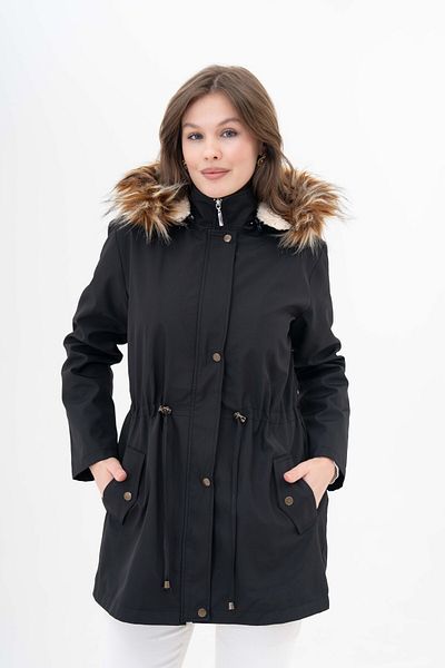 Butik Palton de damă de mărime mare, căptușită cu blană, cu buzunar, cu închidere cu apăsare, cu șireturi în talie